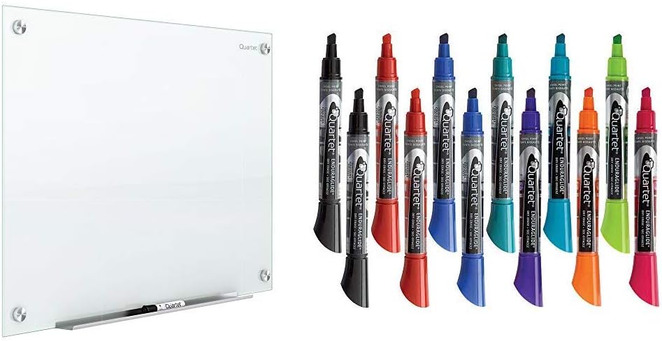Quartet Glass Whiteboard, Magnetic Dry Erase White Board, 6 x 4 feet, Infinity, White Surface & Dry Erase Markers, Whiteboard Markers, Chisel Tip, EnduraGlide, Bold Color, Assorted Colors, 12 Pack
