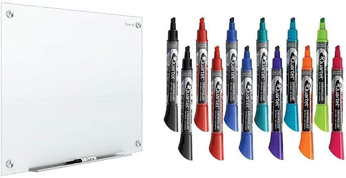 Quartet Glass Whiteboard, Magnetic Dry Erase White Board, 6 x 4 feet, Infinity, White Surface & Dry Erase Markers, Whiteboard Markers, Chisel Tip, EnduraGlide, Bold Color, Assorted Colors, 12 Pack
