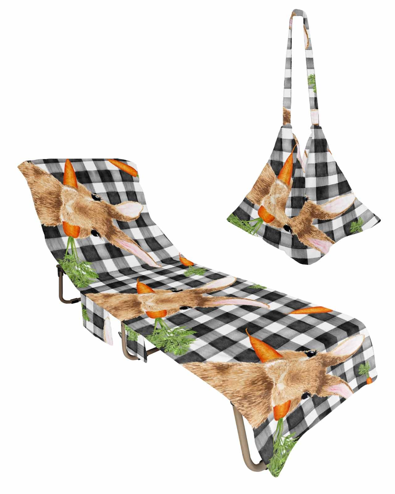 Easter Bunny Carrot Beach Lounge Chair Towel Cover, Soft Chaise Lounge Towel with Side Pockets Patio Pool Chairs Cover for Beach/Pool Sunbathing 29x85 Black White Plaid Watercolor
