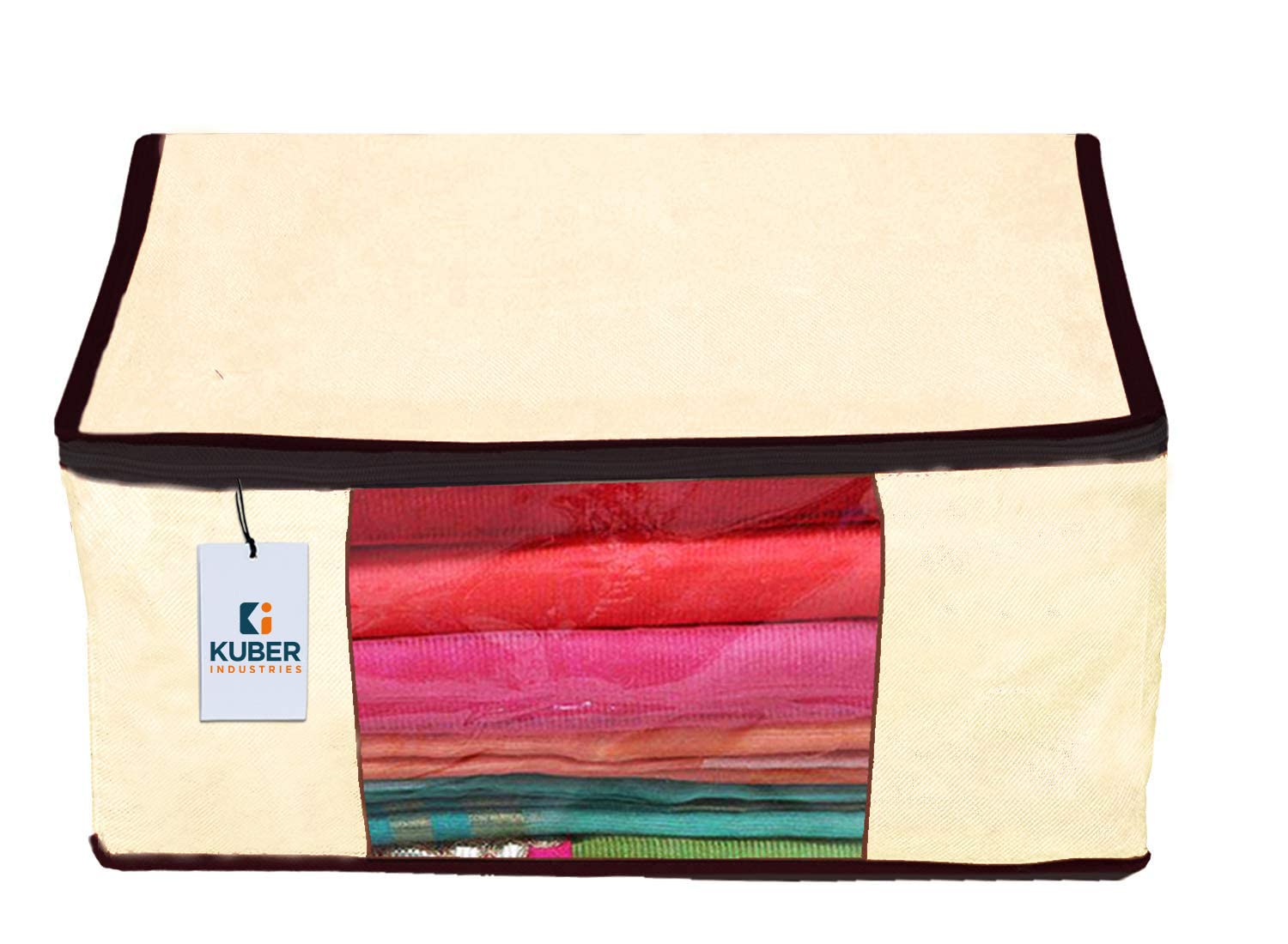 Kuber Industries Fundas plegables para sari con cremallera, organizador de ropa no tejida para armario, ribetes negros con ventana transparente, adecuado para Lehenga, traje, vestido, paquete de 12
