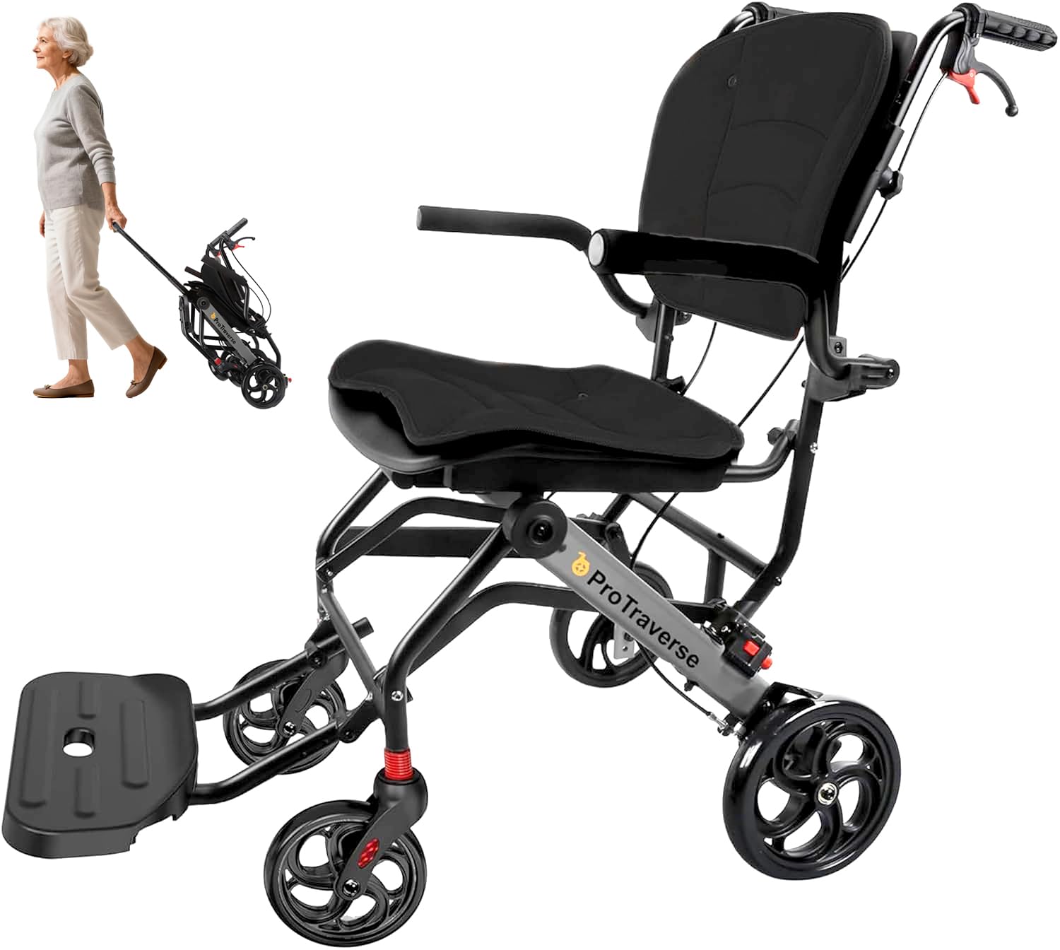 Photo 1 of ProTraverse Wheelchairs for Adults,Transport Wheelchair Lightweight Foldable with Removable Cushion,Transport Chair,Ergonomic Travel Wheelchair with Telescopic Handle,Gifts for Grandpa,Black