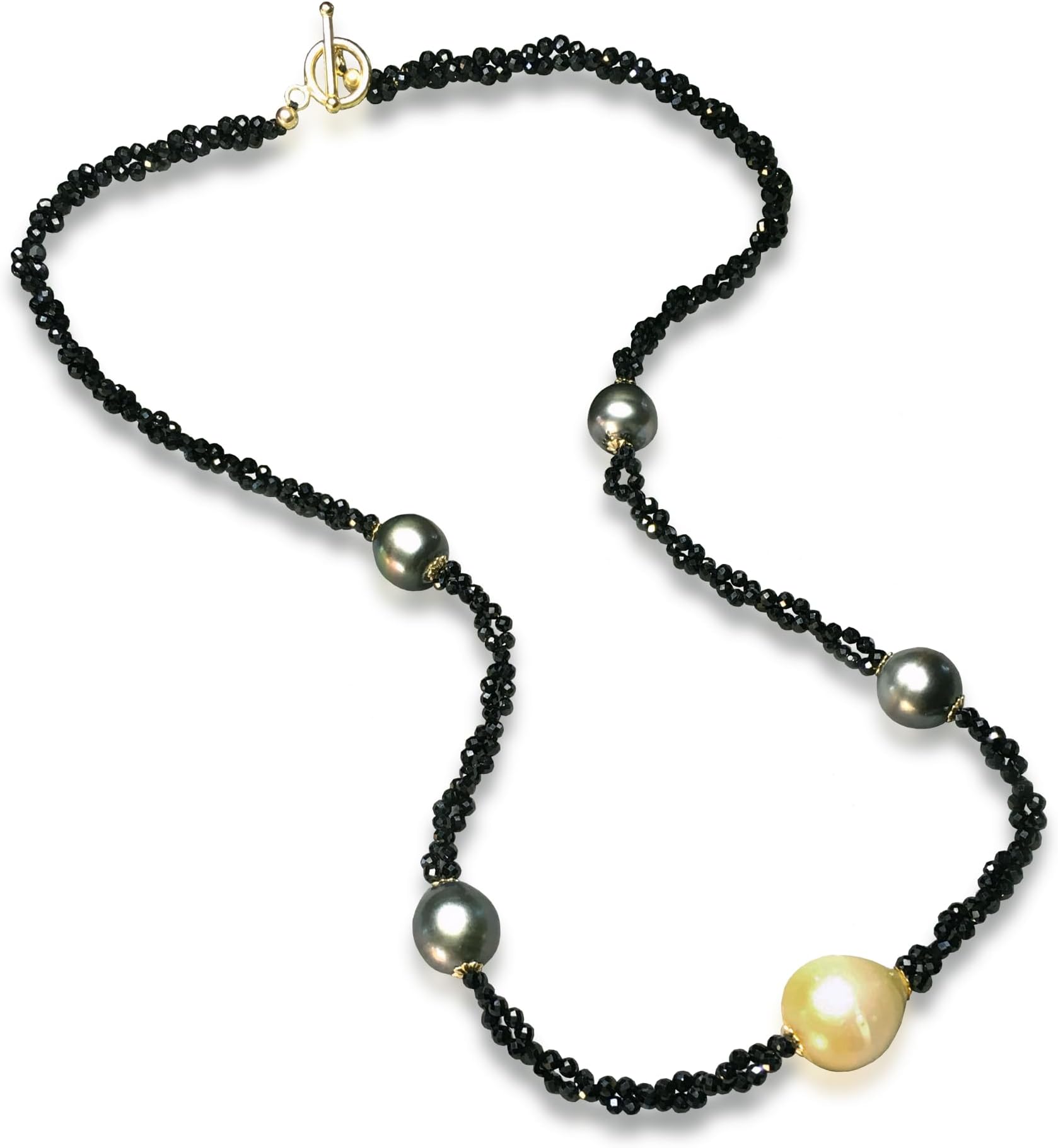 Sakura JewelryMulti-colored Southsea Pearls Black Spinel Necklace, Gloden pearl And Black Pearl Necklace, Black Gemstone Gold Filled Accent Necklace