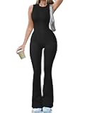 Women Yoga Jumpsuits Ribbed Crew Neck Sleeveless Bell Bottoms Flare Jumpsuits