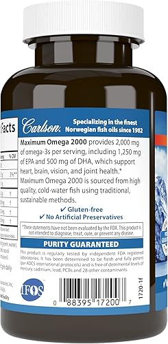 Miniatura 3 de Carlson - Omega Máximo 2000, 2000 mg de ácidos grasos Omega-3 incluyendo EPA y DHA, aceite de pescado noruego capturado en la naturaleza, suplemento