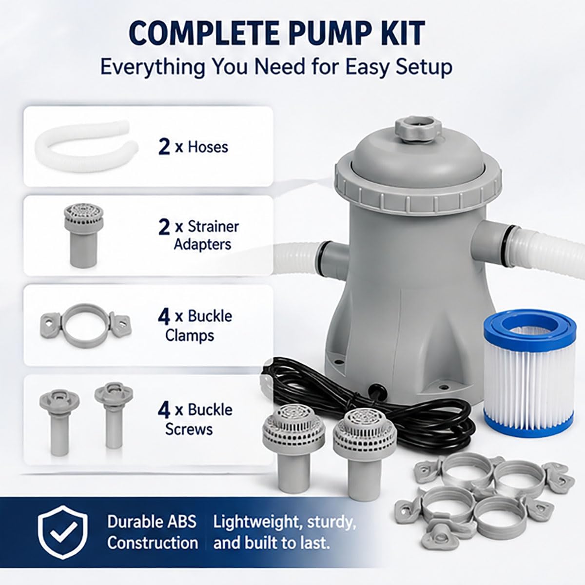 Pompa filtro piscina da 330 GPH,filtro a cartuccia,16W a basso rumore | tubi da 32 mm, circolazione dell'acqua pulita, include tubi e adattatori, per piscine fuori terra