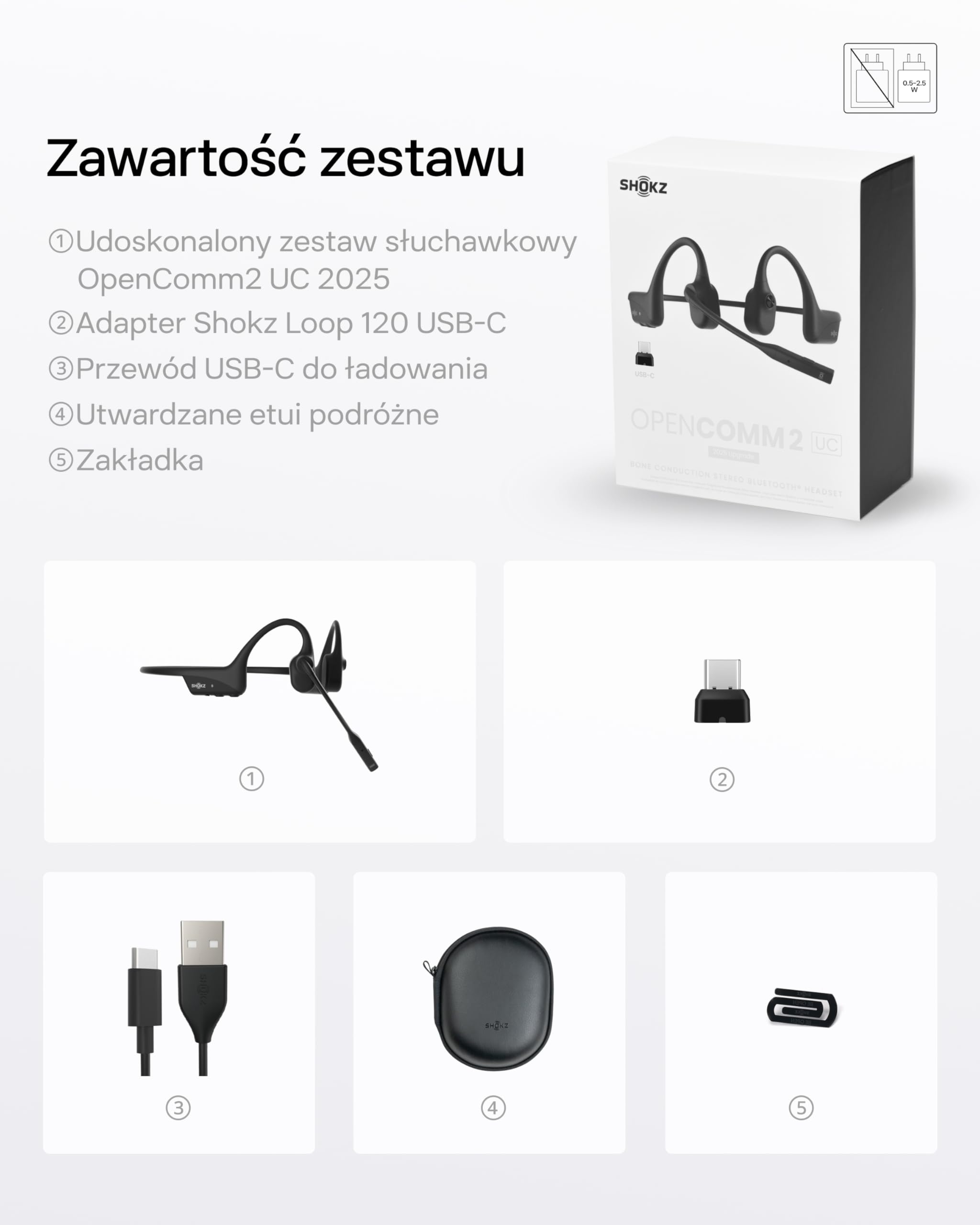 SHOKZ OpenComm2 UC 2025 Upgrade Słuchawki przewodzenia kostnego z adapterem USB-C, otwarte słuchawki Bluetooth z mikrofonem redukcji szumów, bezprzewodowe słuchawki otwarte ucho do pracy, i Zakładki
