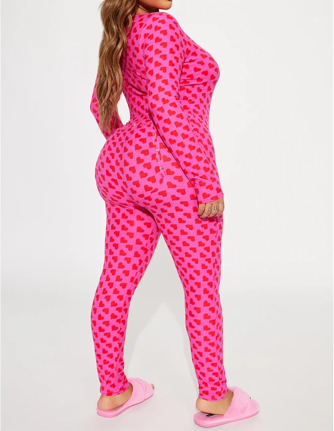 HOXIJIA Women Heart Printed Rompers Long Sleeve V Neck Button Down Long Jumpsuits Bodycon Pajamas Bodysuits for Valentine - Image 6