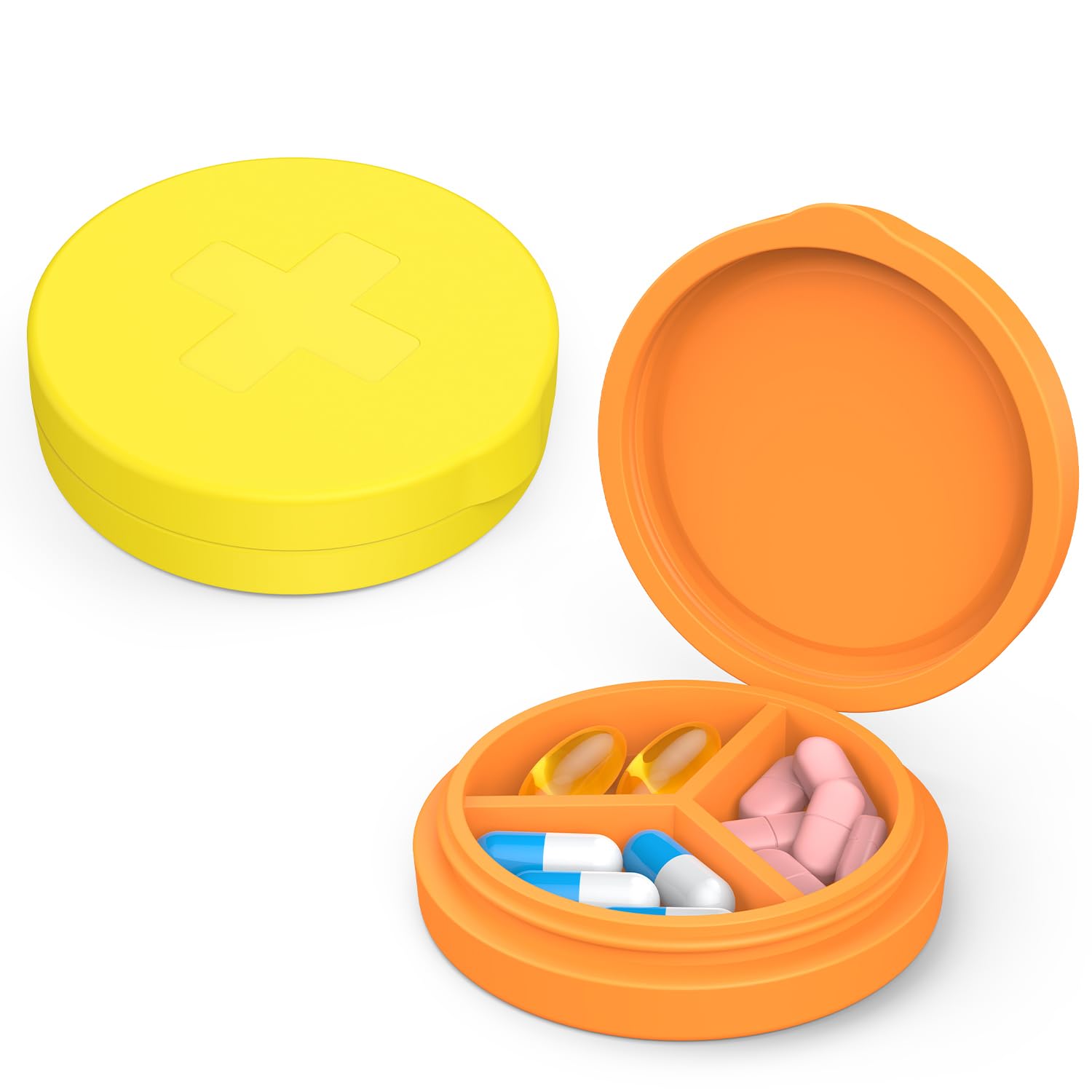 Photo 1 of 2 Pack Small Pill Box,Premium Thick Silicone 3 Compartment Travel Pill Box for Home/Desk Organizer, Portable Compact Medicine Holder for Vitamin, Cod Liver Oil, Supplement(Orange+Yellow)