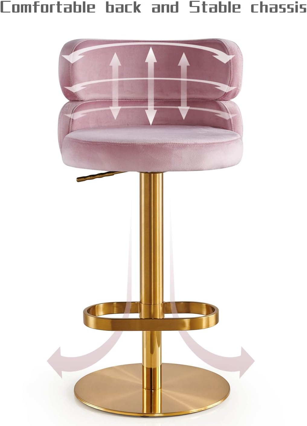 Velvet Bar Stools Modern Swivel Adjustable Height Kitchen Counter Bar Stools with Footrest for Living Room Dining Room (GOLG, Pink 1pcs)