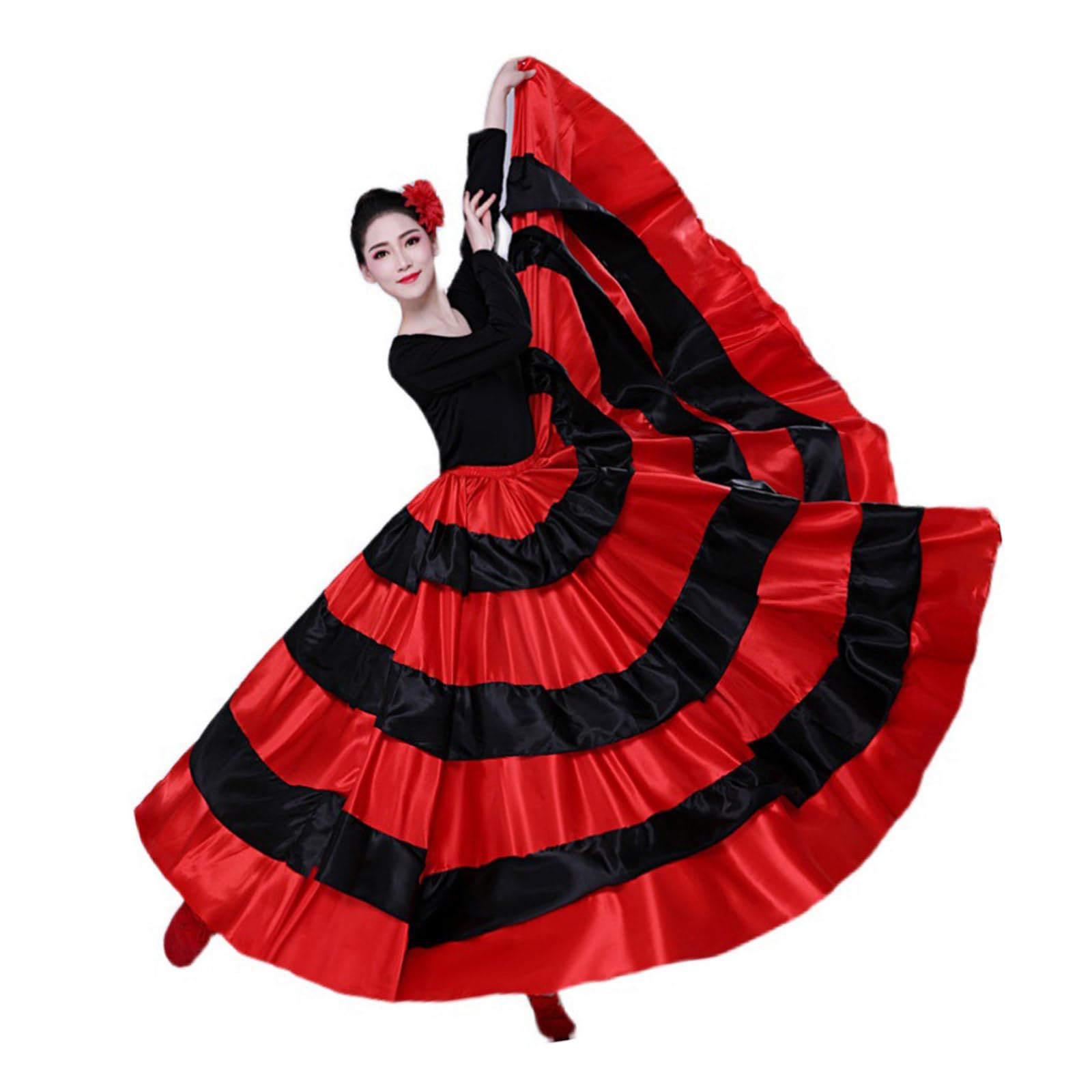 Damska czarna czerwona warstwowa długa spódnica do hiszpańskiego flamenco Meksyk Balet Folklorico spódnica do tańca brzucha długa spódnica flamenco hiszpański taniec duża huśtawka kostium na Halloween