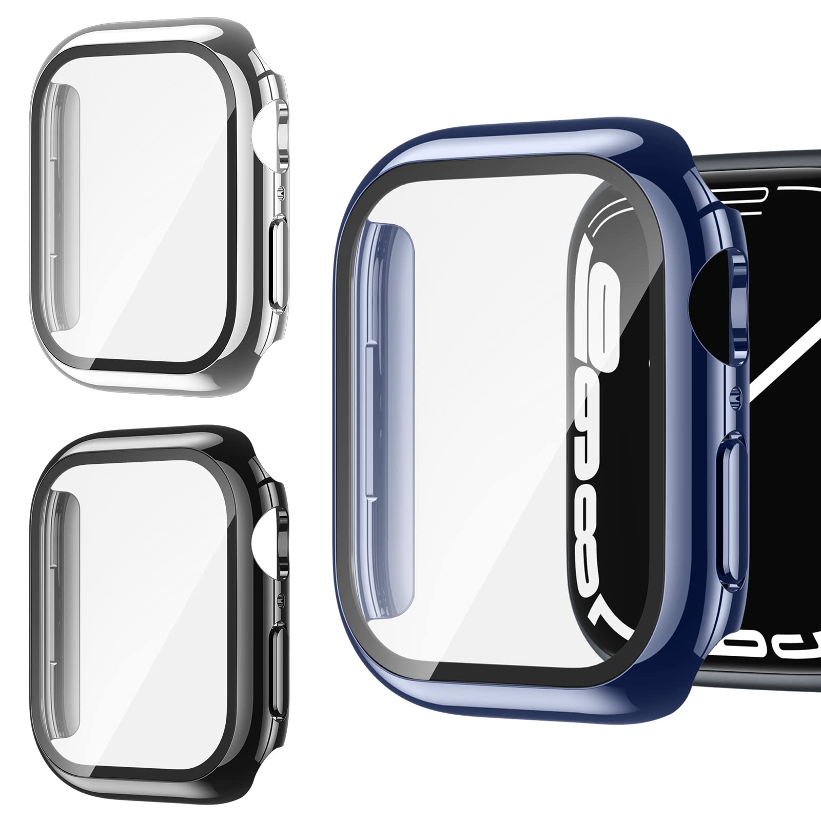 iGK 3 Pack Hard Apple Watch Case 41mm Series 7 With Built-in Tempered Glass Screen Protector, Slim Guard Ultra-Thin Bumper Gorgeous Protective Cover Compatible for iWatch 7 41mm(Black/Silver/Blue)