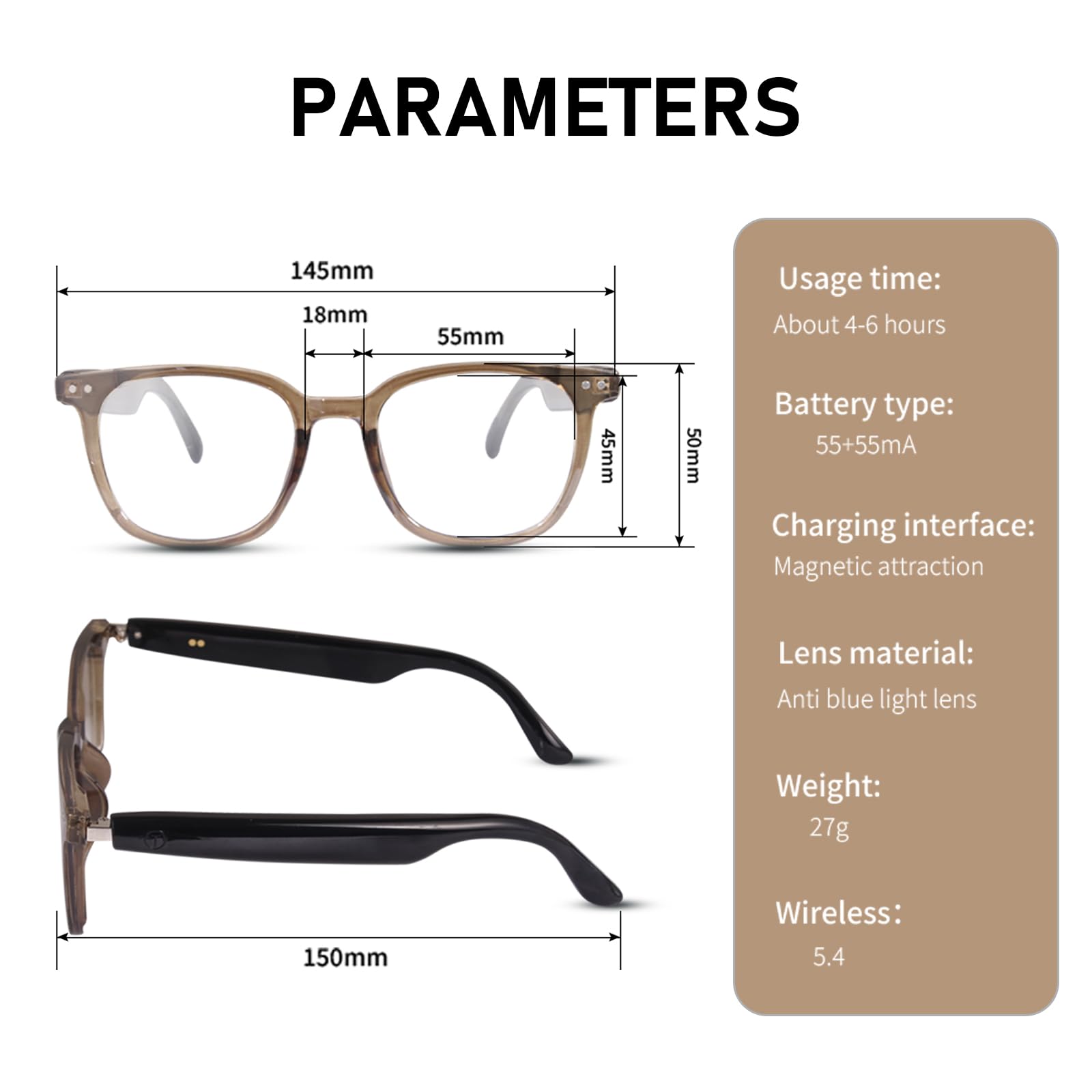 Casque intelligent sans fil - Lunettes de soleil audio intelligentes pour homme et femme - Avec microphone, haut-parleur - Verres polarisés - Fonction audio avec écouteurs ouverts