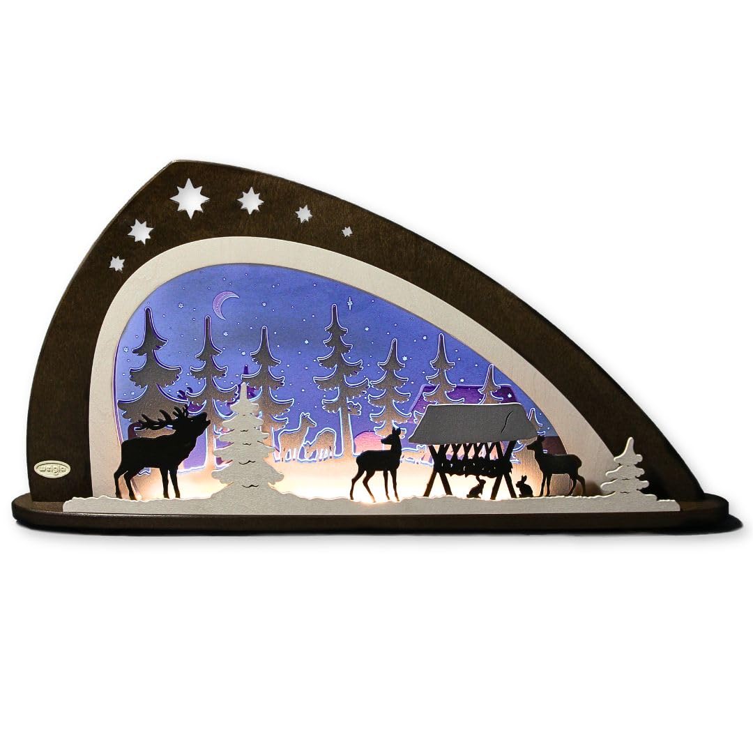 weigla - Schwibbogen original Erzgebirge I Motiv Waldtiere I LED-Lichterbogen Weihnachten I Größe 66 x 33,8 x 6 cm I Inklusive Beleuchtung I beleuchtete Weihnachtsdeko innen I aus Holz