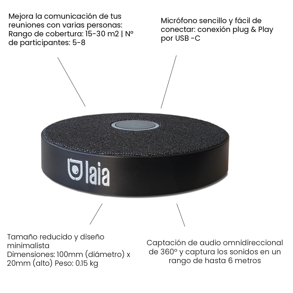 Laia - Micrófono Profesional USB Plug & Play, Fabricante español, captación de Audio 360º, Ideal para videoconferencias y creación de Video, fácil conexión USB y Sonido Superior