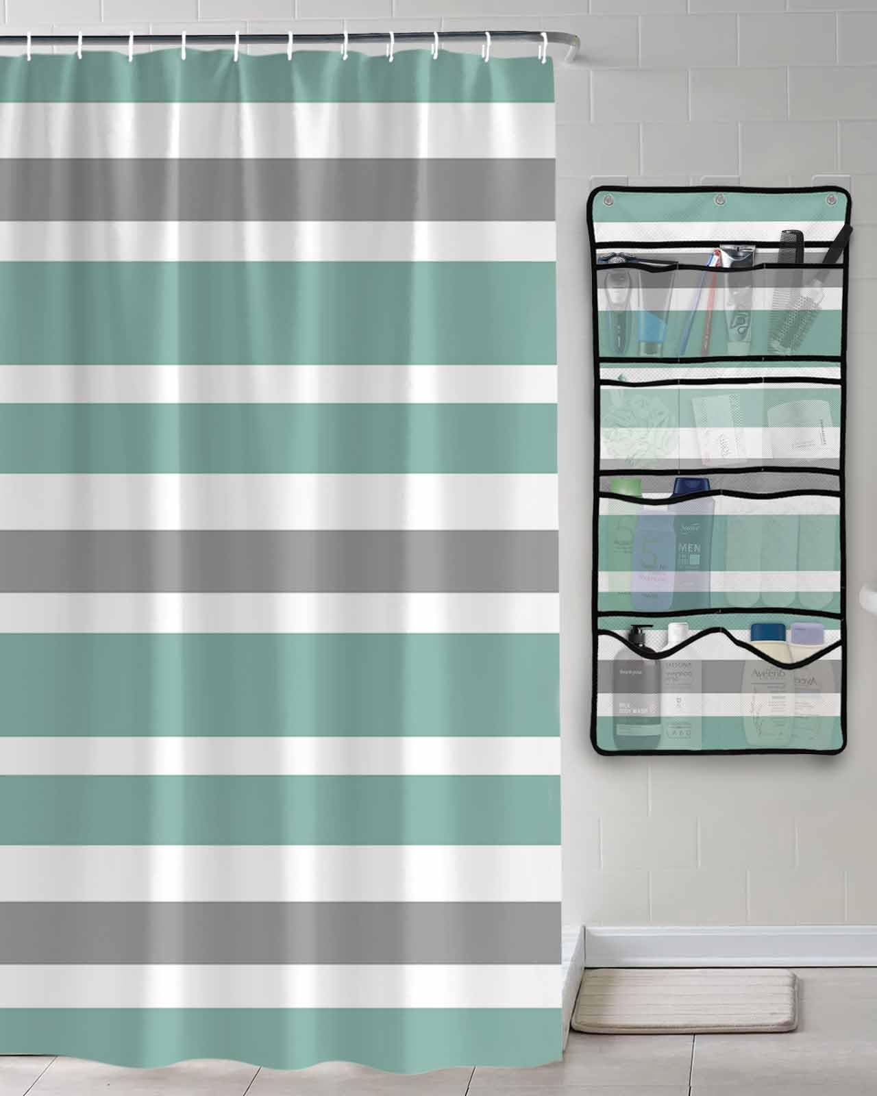 Shower Curtain Mesh Shower Organizer Hanging Set Concise Green Gray White Stripe Waterproof Shower Curtains with 10 Pockets