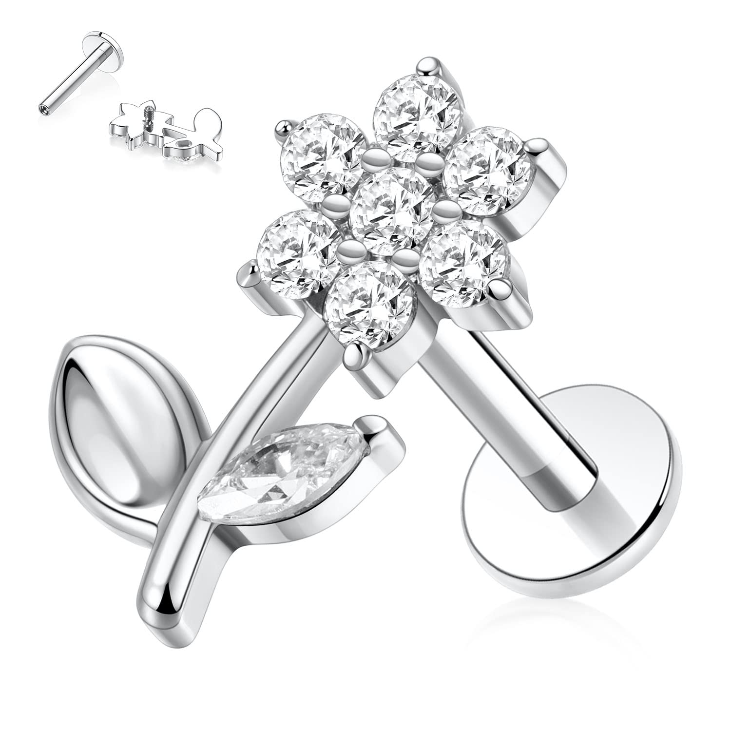 hengkaixuan 16G Titanium Labret Studs - Internally Threaded Flatback - Unisex - Silver - Piercing Jewellery — view 31