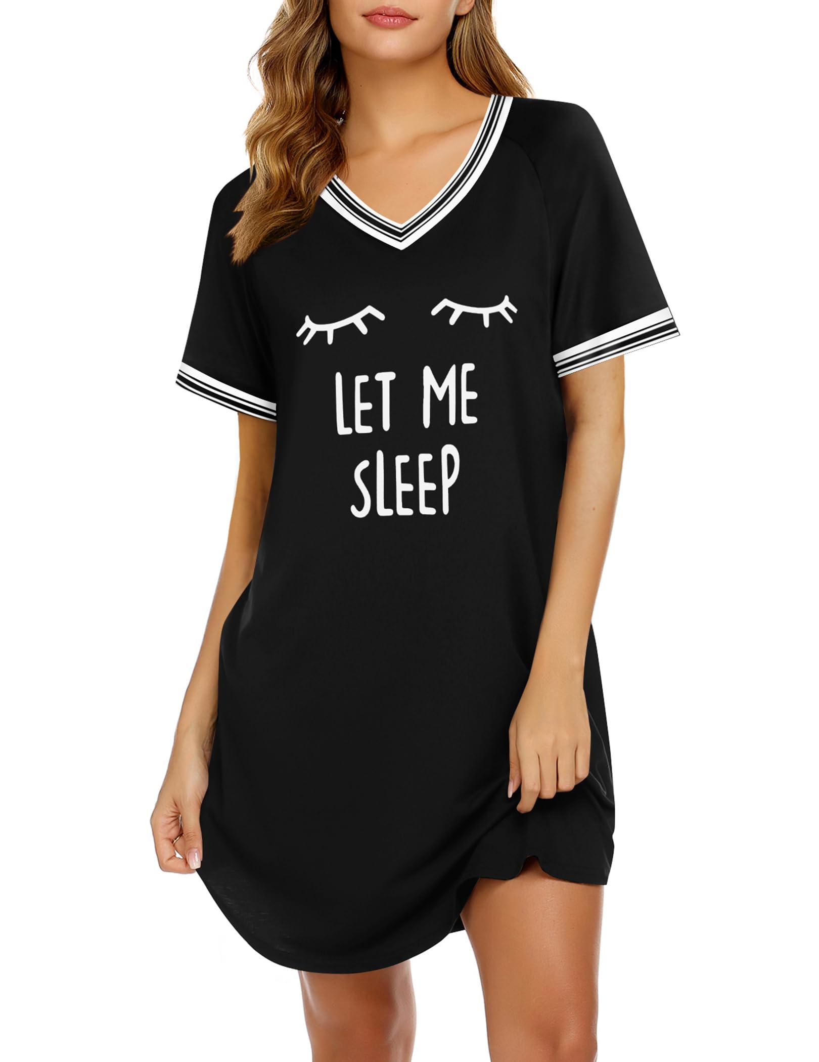 Ekouaer Womens Nightgown Short Sleeve Sleepshirt V Neck Sleepdress Casual Nightshirt Sleepwear Loungewear S-XXXL