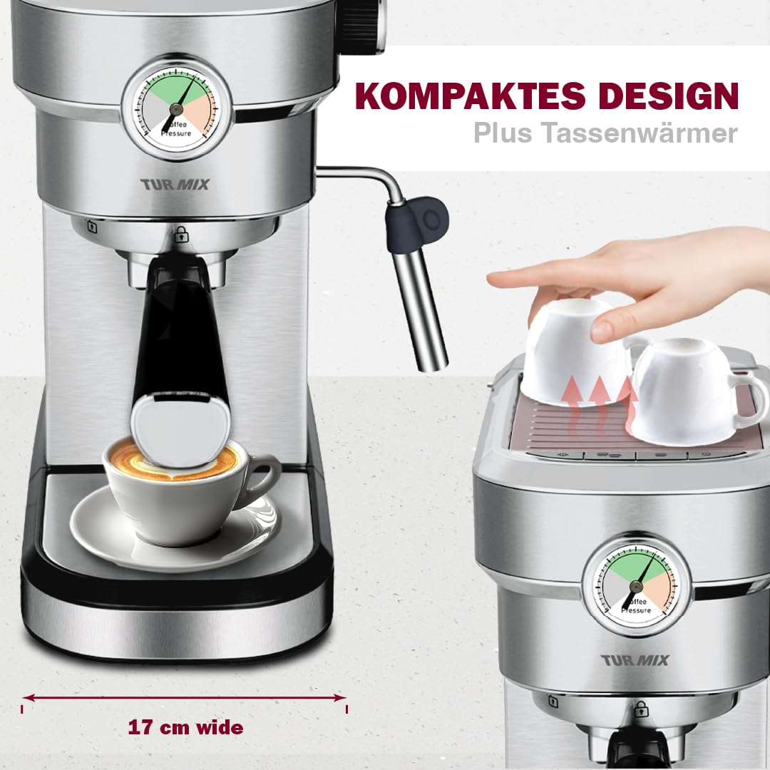 Turmix Espressomaschine TX 590 - Siebträgermaschine Edelsthal, 20 Bar-Kaffeemaschine mit milchschäumer, 17 cm breit, 1350W 1,1L Wassertank, Beheizte Tassenabstellfläche