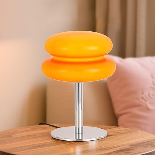 Lámpara vintage de hongos, lámpara de cristal naranja con base de metal, lámpara de mesita de noche regulable para dormitorio, sala de estar, estilo