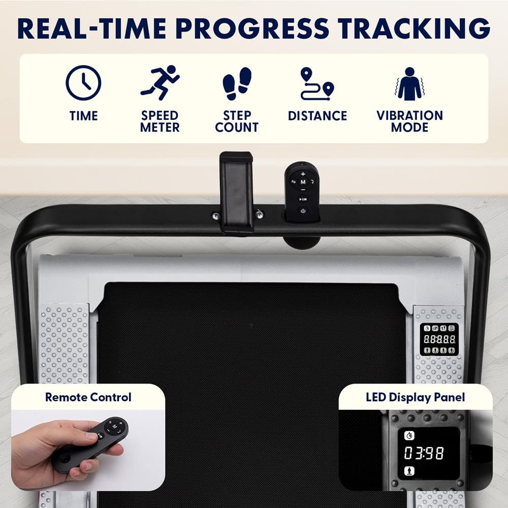 Squatz Tapis Roulant 2-in-1 con Manubrio e Pedana Vibrante, Tapis Roulant Salvaspazio, Walking Pad Display LED, Supporto Tablet, Motore Silenzioso 746 Watt, Telecomando, per Casa e Ufficio, Bianco