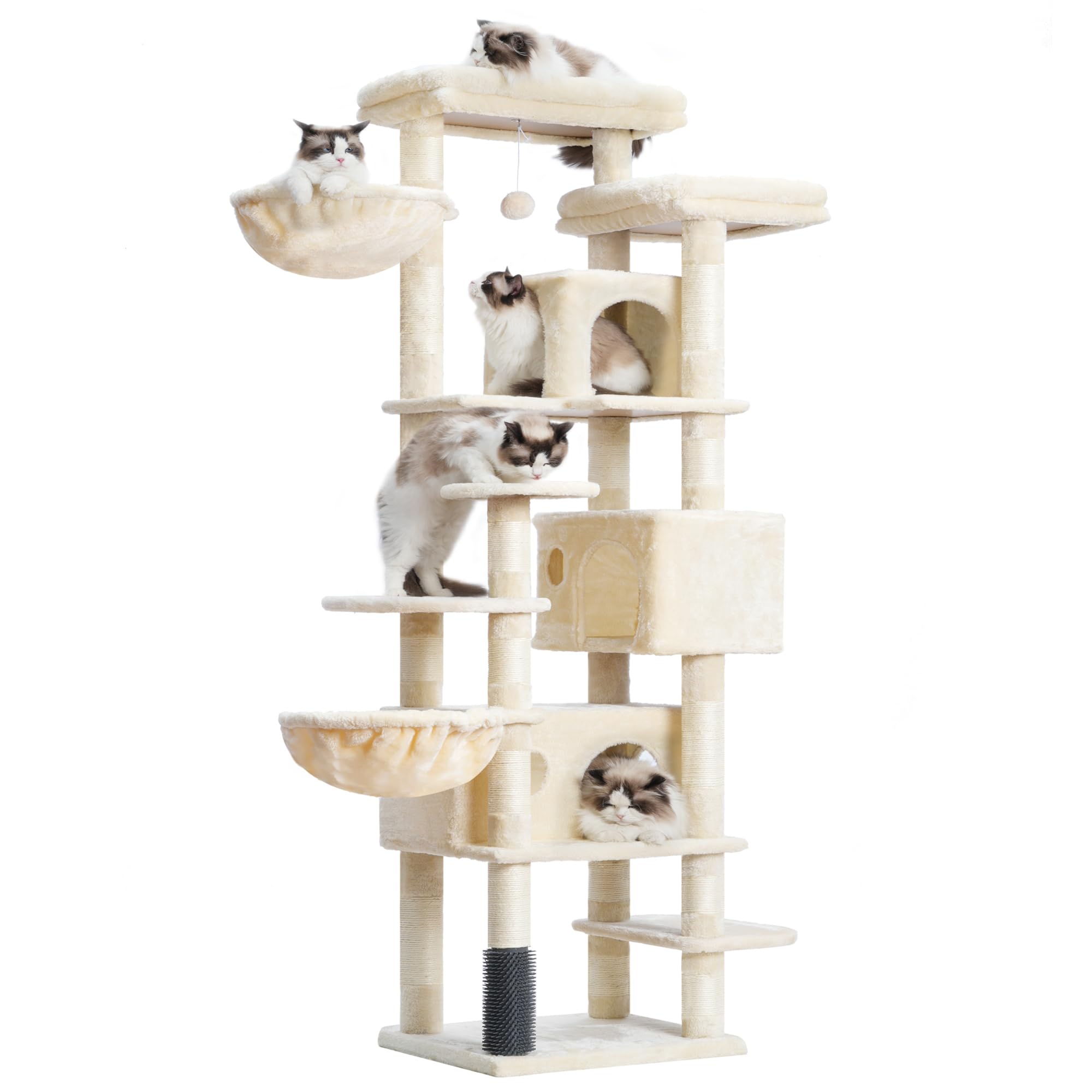 Hey-brother Kratzbaum, 188 cm Katzenbaum, XXL Kletterbaum mit 2 groß Plattform, 3 Höhlen, 2 Korb, Plüschbälle und Sisal Kratzbäume, mehrstöckiger Katzenkratzbaum