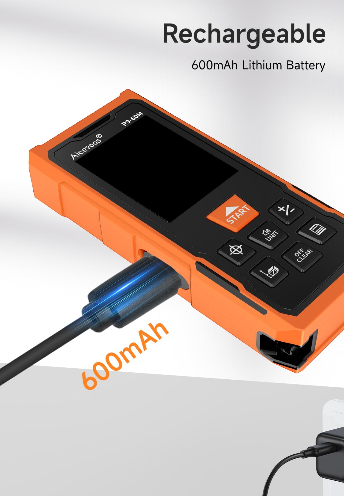 R9 Laser Entfernungsmesser Hohe Genauigkeit, 60 m, Laser-Maßband, Compaktes Laser-Messgerät mit Größerem Hintergrundbeleuchtetem LCD-Display und Kreuzlaser, ft/m/in-Umschaltung, Wasserwaage