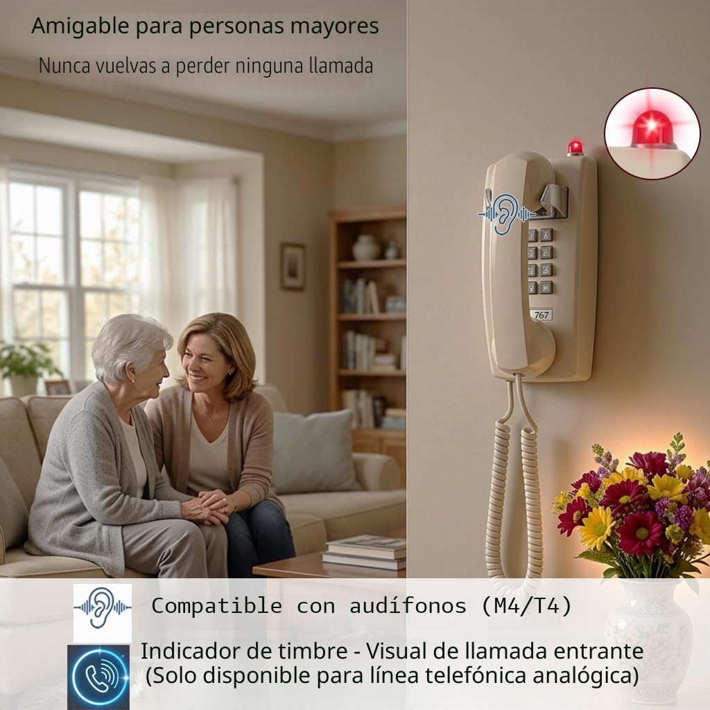 Teléfonos de Pared clásicos para teléfono Fijo con Timbre mecánico, teléfono de Pared de una Sola línea 2554 con indicador de Correo de Voz, teléfono Retro montado en la Pared Impermeable, teléfono