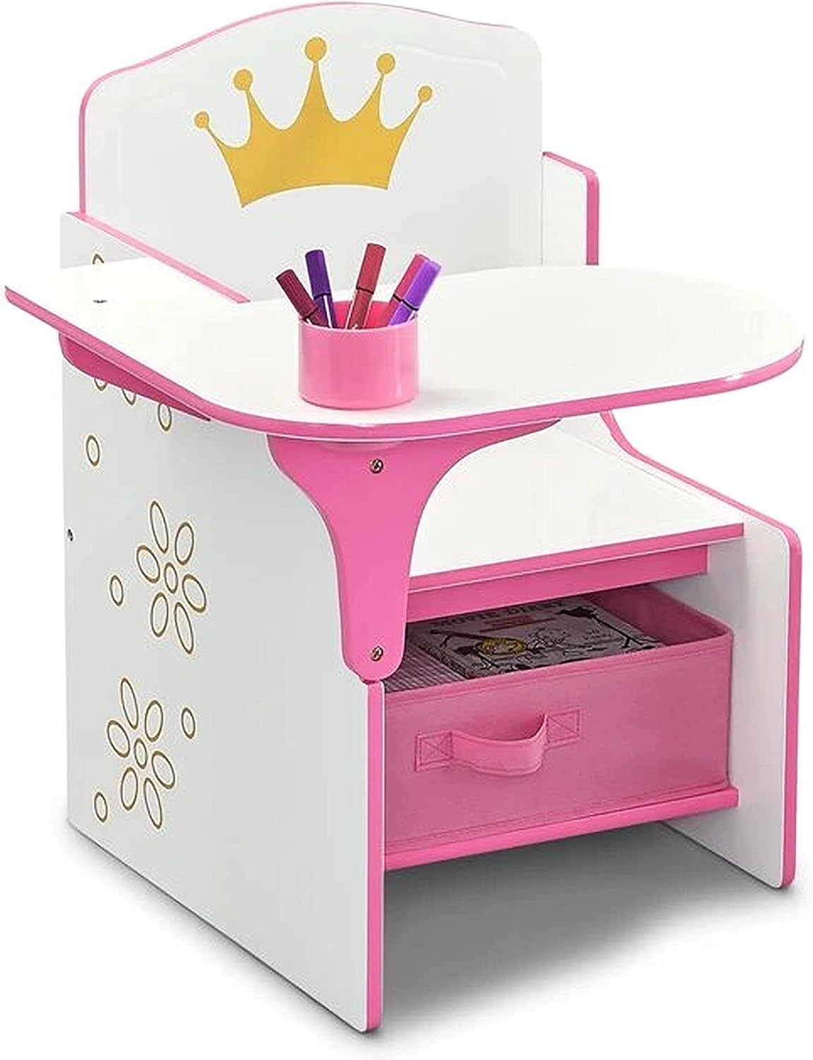 Delta Children Princess Crown Chair Desk with Storage Bin - Ideal for Arts & Crafts, Snack Time, Homeschooling, Homework & More - Greenguard Gold Certified, White/Pink