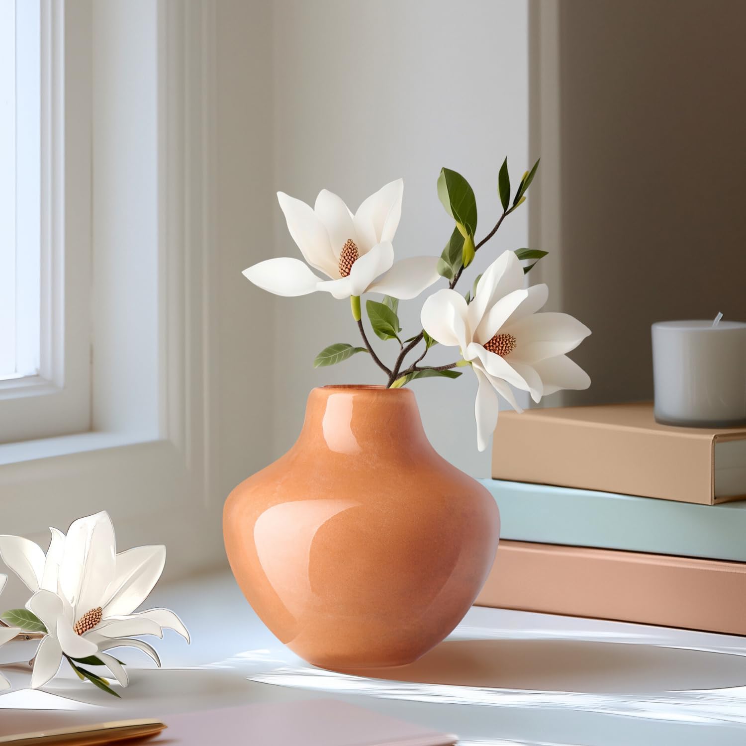 Torre & Tagus 4" Mouth Blown Art Glass Vase for Flowers - Apricot Orange Small Table Vase & Handmade Small Orange Accent as Cozy Home Decor, Neutral Bud Vases for Decorative Shelf Decor or Wedding