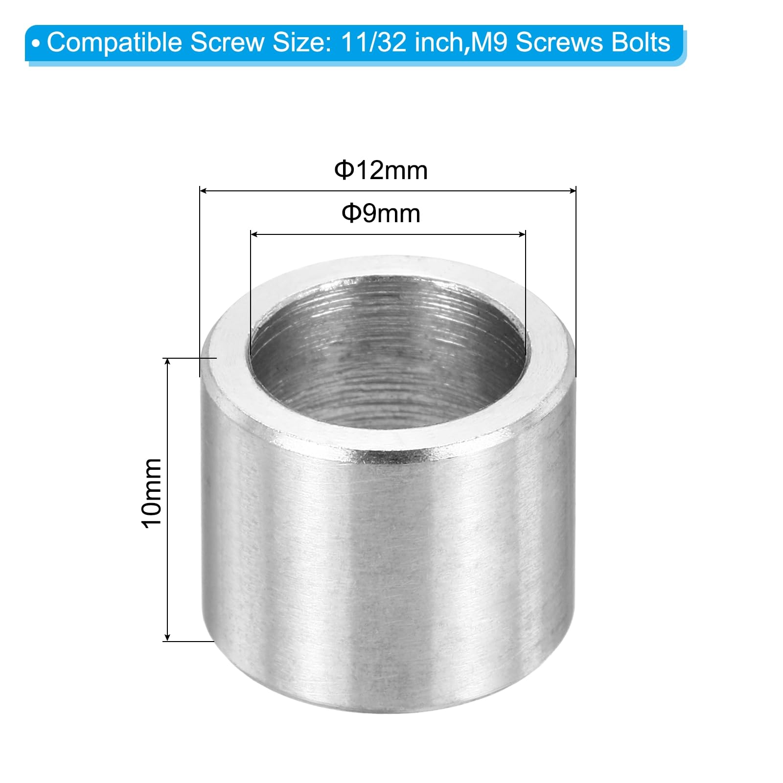 PATIKIL M9 Stainless Steel Spacers, 12Pcs Metal Spacer 9mm ID x 12mm OD x 10mm L Screw Standoff for 11/32" or M9 Screw - Image 2