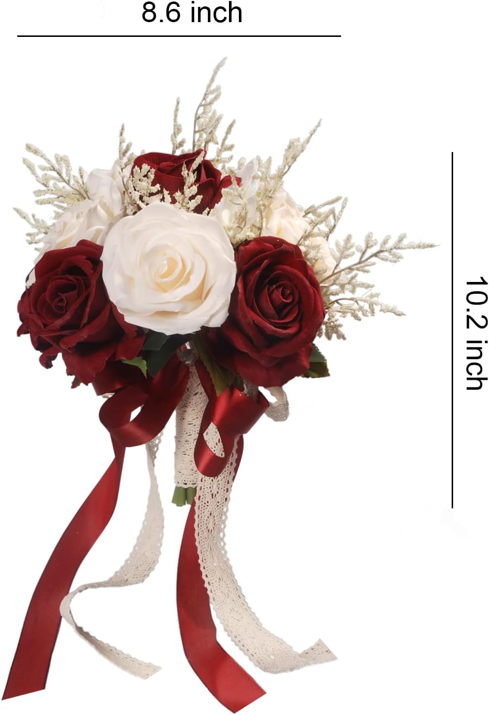 Wedding Bouquets for Bride, Champagne White & Burgundy Bridal Bridesmaid Wedding Flowers, Artificial Toss Rose for Civil Ceremony (Hollow Lace Ribbon Handle) - Image 2