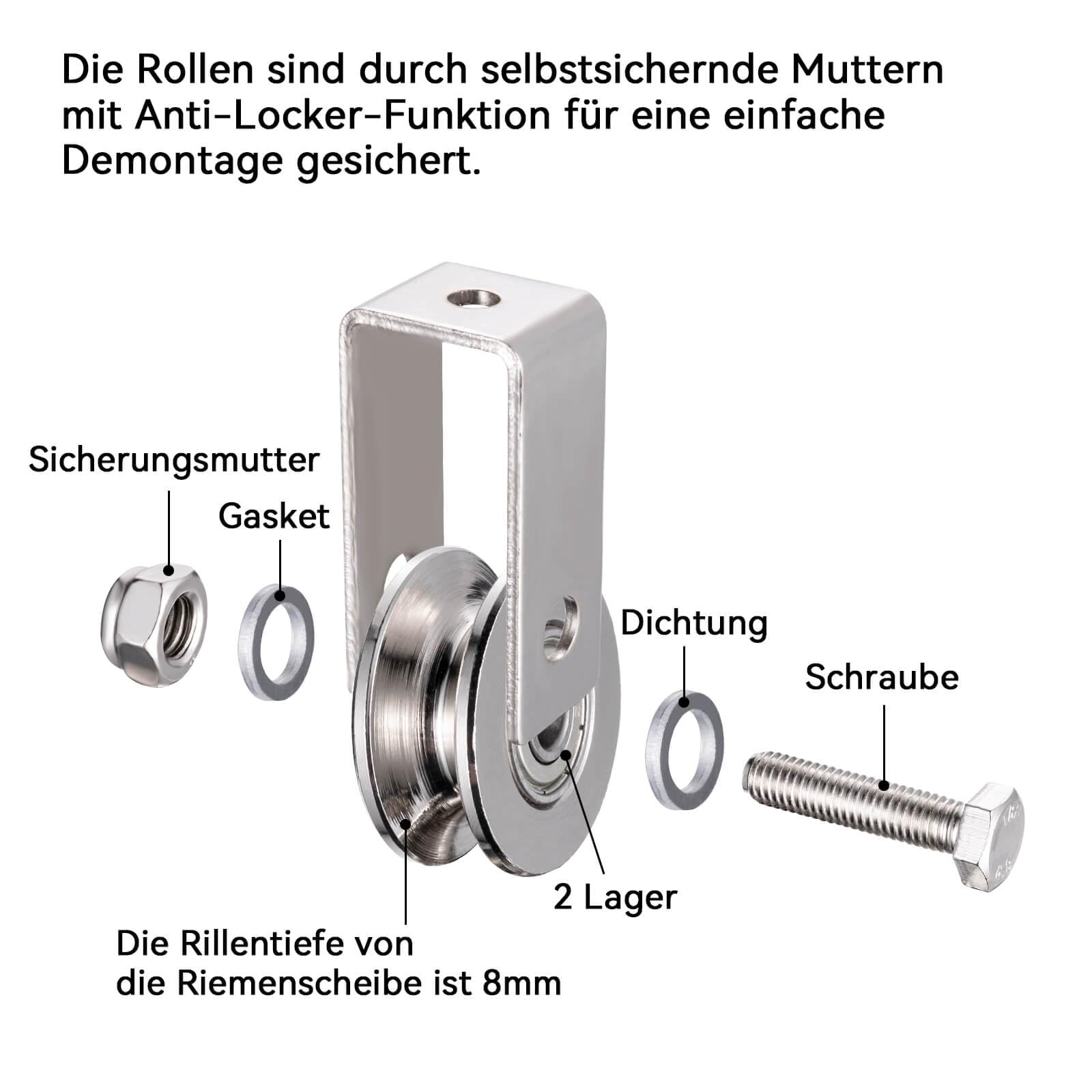 Lot de 2 poulies de 40 mm avec 2 roulements à billes - En acier inoxydable - Pour cordes de 8 mm - Charge maximale : 200 kg