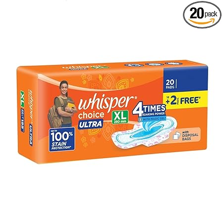 Whisper Choice Ultra XL Sanitary Pads|20 thin Pads|XL|upto 100% Stain protection|side safe Wings|With Liquid lock magic gel|5 cm longer & 20% wider|DRI-weave topsheet|28.4 cm Long|With disposable wrap| 2 Pads Free