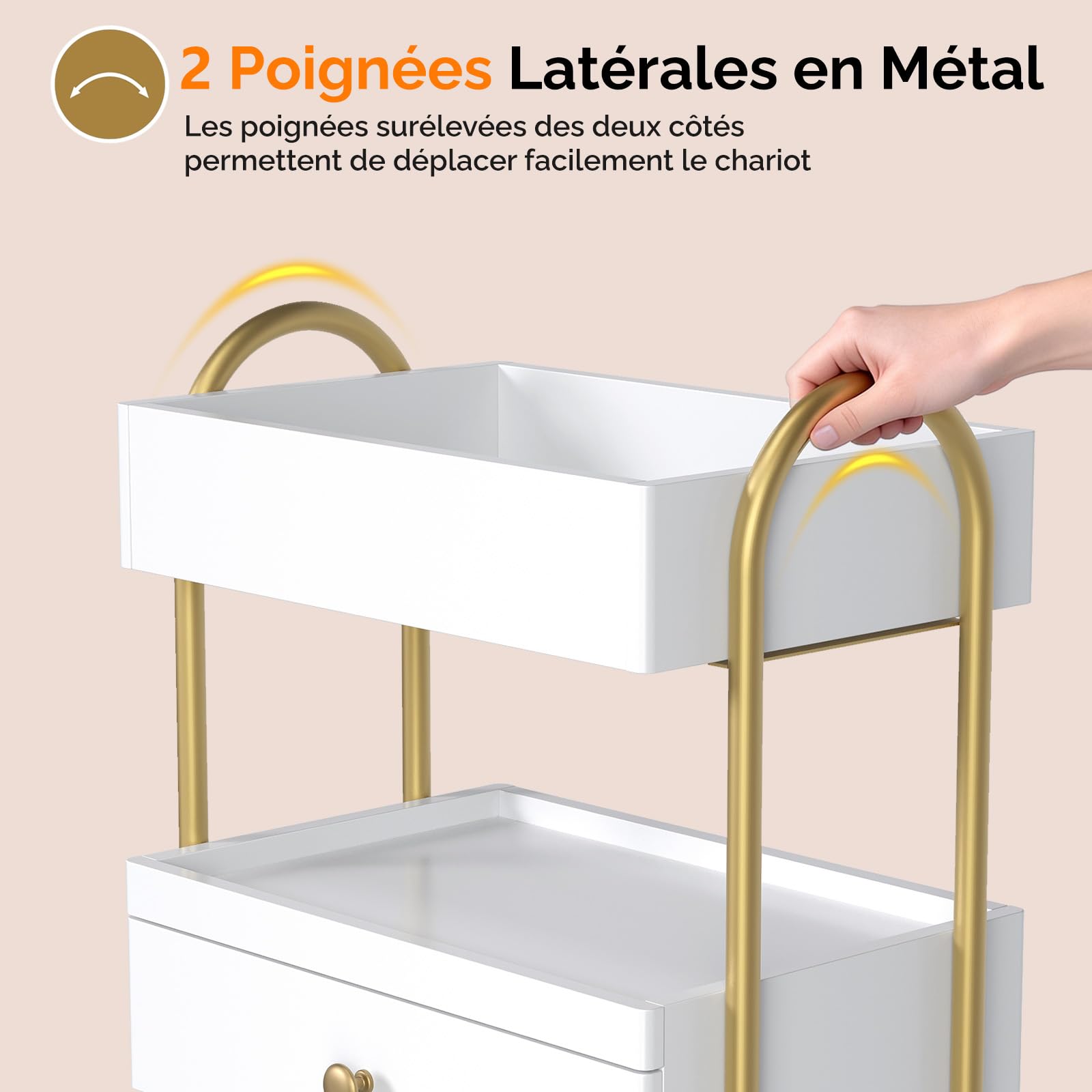 Bonnlo Chariot de Coiffure, Chariot de Salon Professionnel 3 Étages avec Tiroir, roulettes Verrouillables, Plateau Supérieur Plat avec Bordure, pour Esthétique, Spa, Studio Ongles, Blanc et Doré