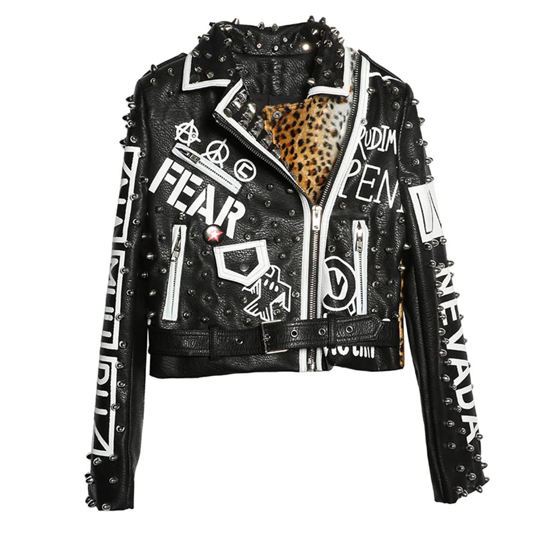 Amazon.co.jp: Women Leather Jacket Heavy Rivet Leopard Print Short