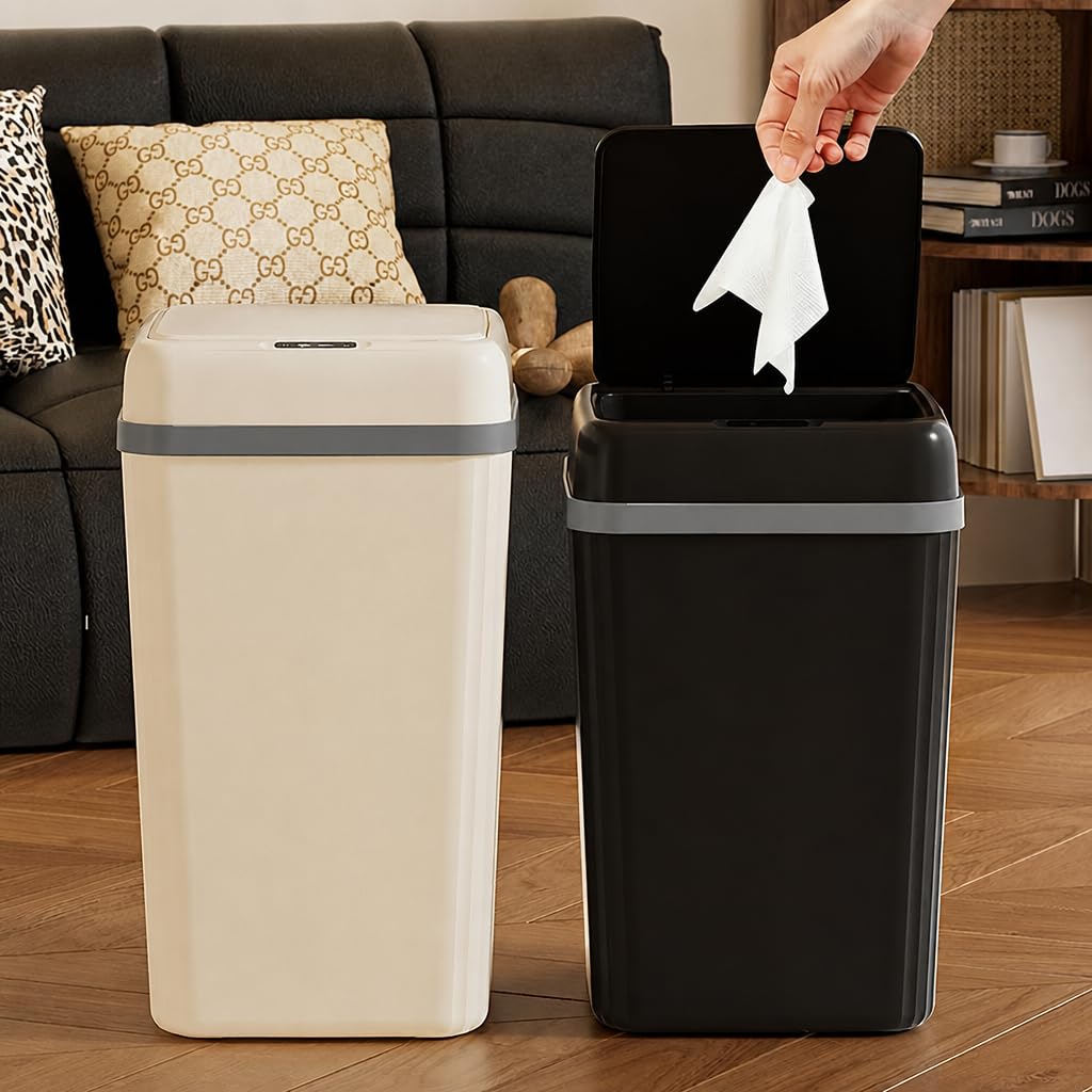 2 Pack 15L Touchless Sensor Trash Can, Quiet Odor & Pet Resistant Auto Bin, Modern Waste Basket for Kitchen Bathroom Living Room, Multi Colors (Cream, 15, Liters)