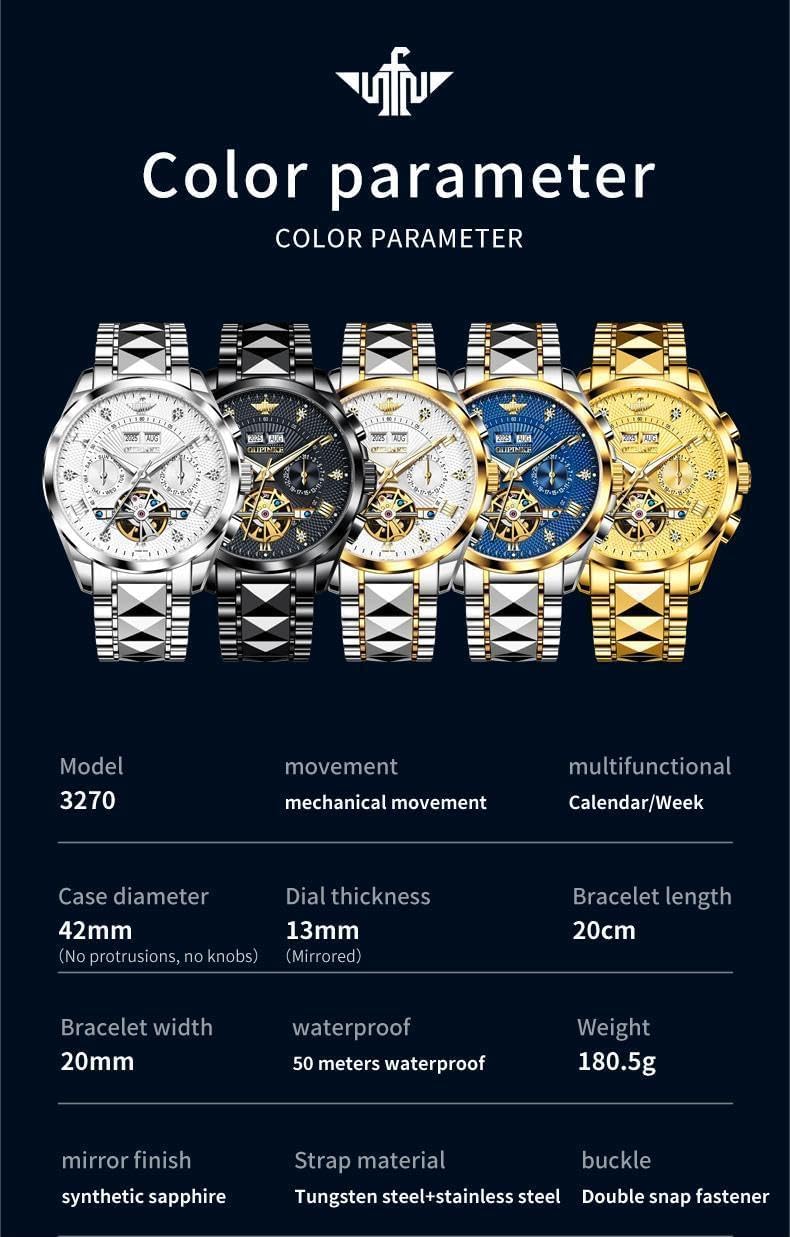 OLEVS Men Automatic Watch Diamond Skeleton Mechanical Original Luxury Self Winding Moon Phase Calendar Waterproof Wrist Watch for Men