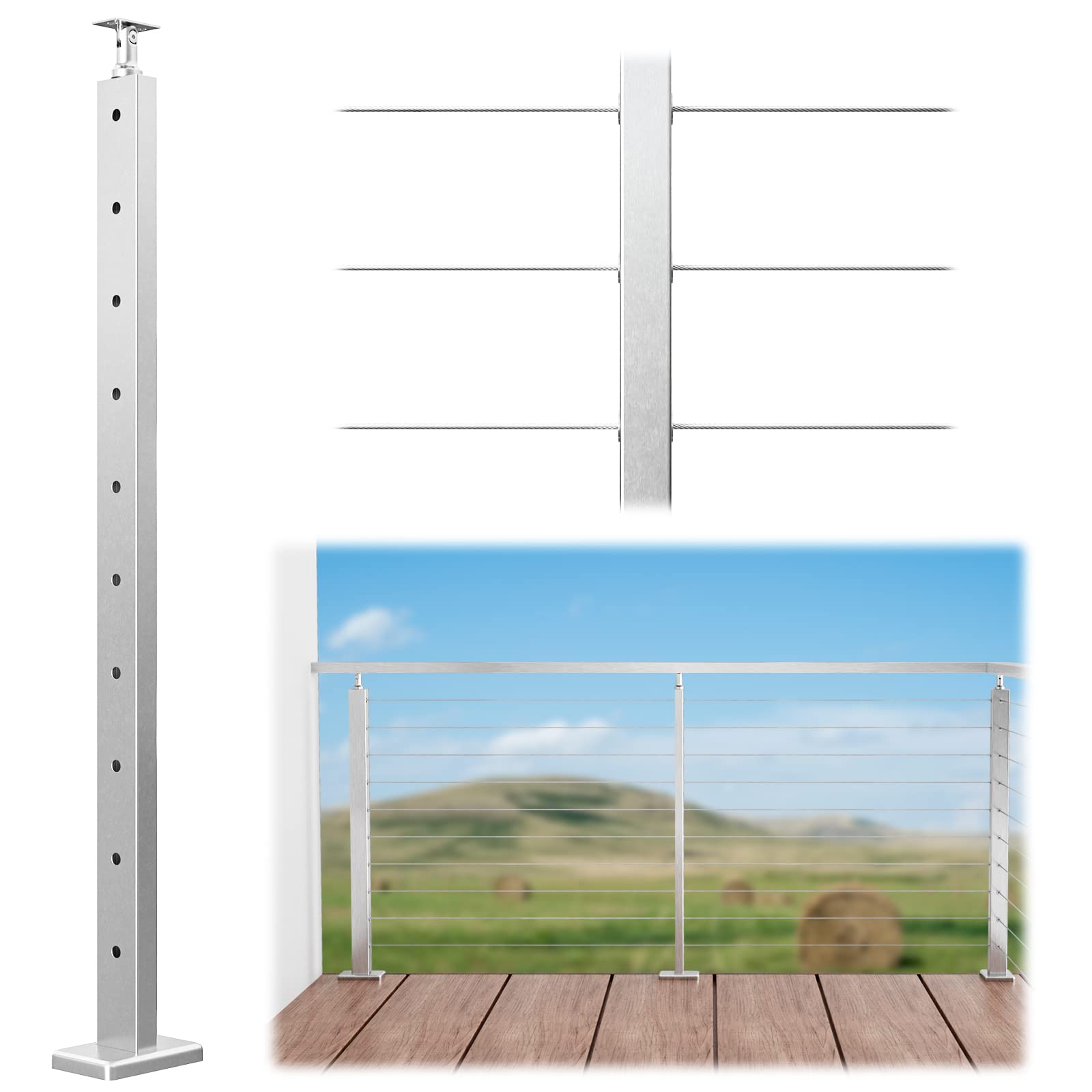 Muzata Cable Railing Post Intermediate Post 36"x1"x2" (Post Body 33'')  Angle Top Level-drilled Stainless Steel Brushed Finish Top Mount Wood  Concrete Level Deck, PS11 LH4S - - Amazon.com