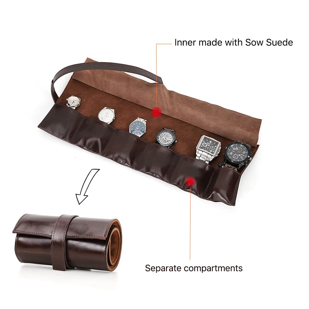 Hiram Estuche de viaje de cuero real para reloj, caja de almacenamiento de reloj de viaje hecha a mano, organizador de joyería portátil, 6 relojes
