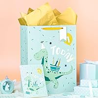 Vista 6 de WRAPAHOLIC Bolsa de regalo extra grande de 16.5 pulgadas con tarjeta y papel de seda, adorable diseño de dinosaurio para bebé, baby shower, fiesta