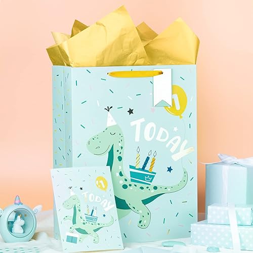 Miniatura 6 de WRAPAHOLIC Bolsa de regalo extra grande de 16.5 pulgadas con tarjeta y papel de seda, adorable diseño de dinosaurio para bebé, baby shower, fiesta