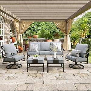 Patio Furniture Set 5 pcs, Outdoor Patio Furniture, 3-Seat Sofa, 2 Swivel Chairs, 2 Ottomans and 5.75″ Extra Thick Cushion, Patio Conversation Set for Garden Backyard Deck,Grey