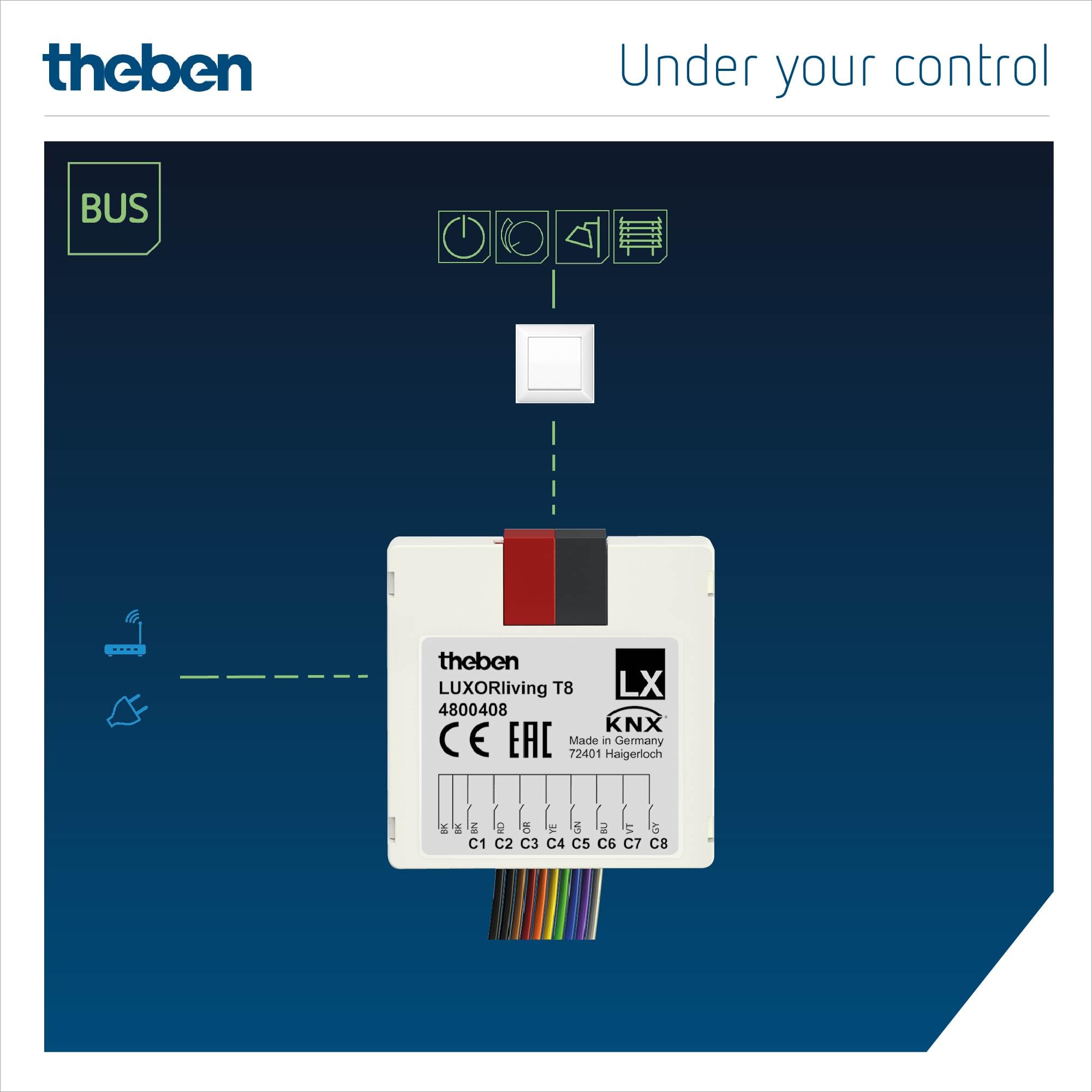 Theben 4800408 I LUXORliving T8 I 8-fach Binäreingang-Tasterschnittstelle I Softwarefunktionen Schalter/Taster, Dimmen, Jalousie I Für KNX Smart-Home System LUXORliving