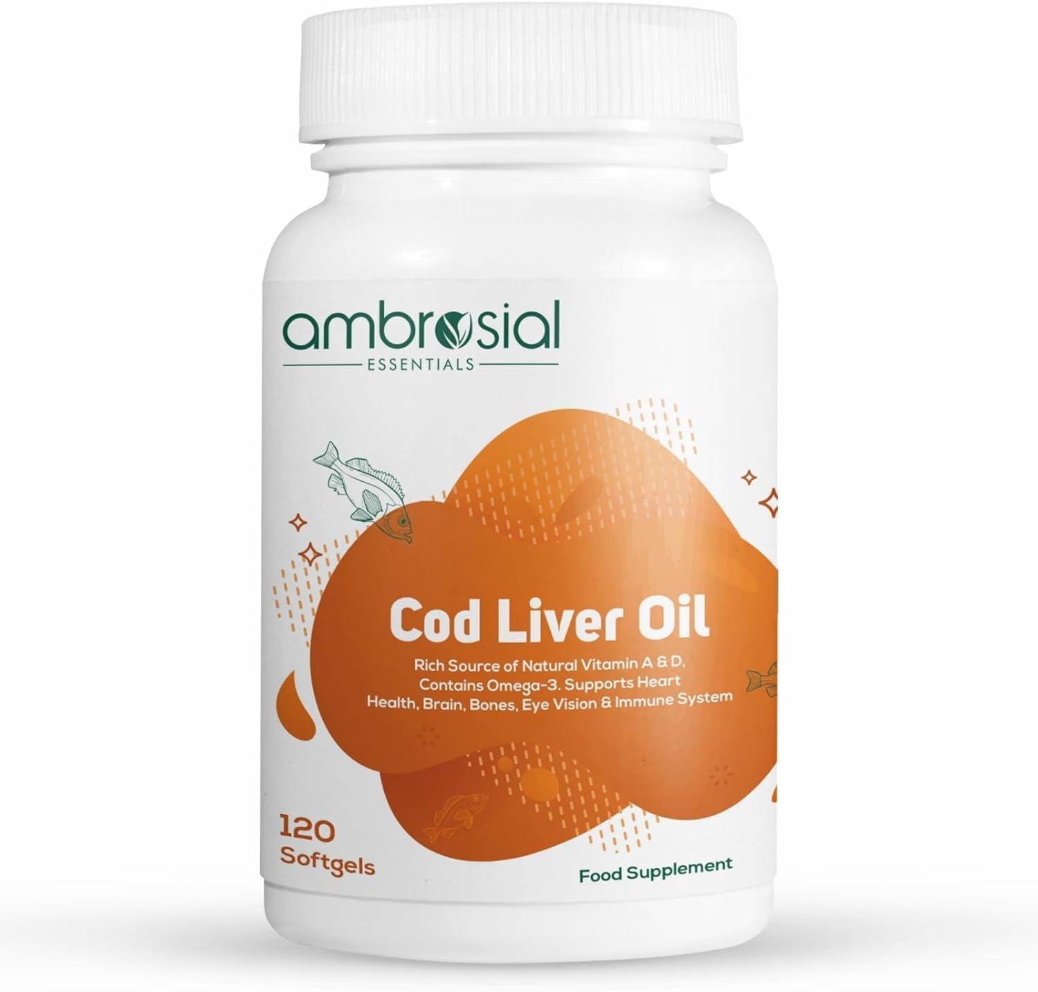 AMBROSIALPure Cod Liver Oil Capsule High Strength | 300mg Fish Oil Capsules | Non-GMO & Gluten Free Cod Liver Oil Tablets (Pack of 1-120 Softgels)