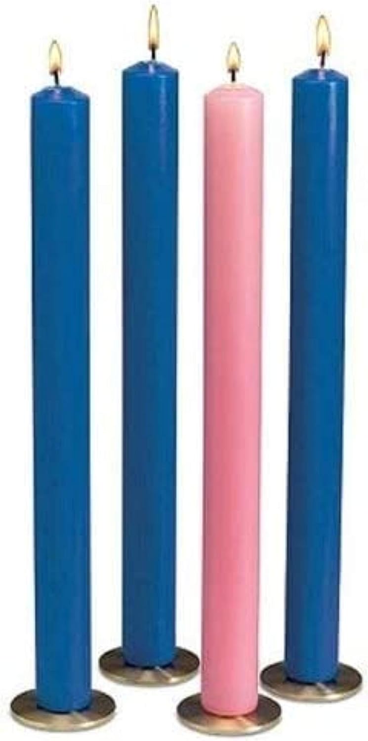 Autom Four Piece Blue and Pink Christmas Season Wax Pillar Advent Candles, 16 Inch
