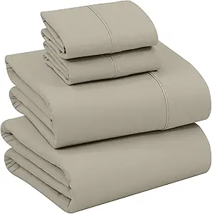 RUVANTI 100% Cotton Sheets Queen Size Set, 4 Pieces, Soft & Breathable Percale Weave Bedding, Deep Pocket 16", Hotel Standard, Crisp Cool Feeling, Durable, Perfect Dyed Bed Sheet, Taupe