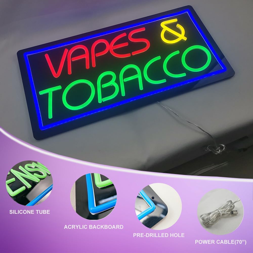 Vapes and Tobacco Neon Sign for Business, LED Neon Sign for Smoke Shop Neon Light Sign for Tobacco Shop Store Storefront Window Décor 12V Power Supply. 19” x 9.5”