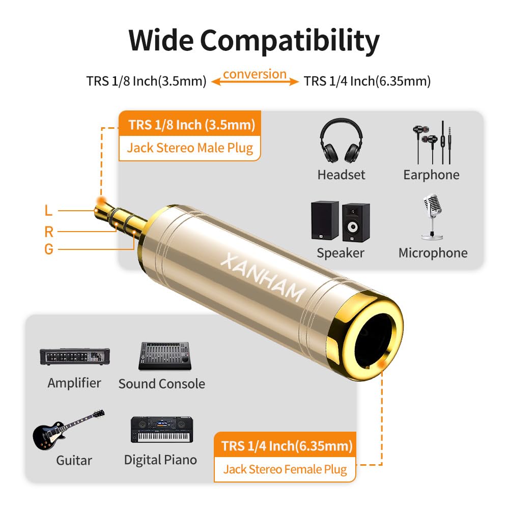 XANHAM 1/4 Inch 6.35mm Female to 1/8 Inch 3.5mm Male TRS Stereo Audio Jack Quarter Inch to Headphone Aux Adapter for Aux Cable, Smartphone, Laptop, Tablet, Speaker, etc. (2 Pack)
