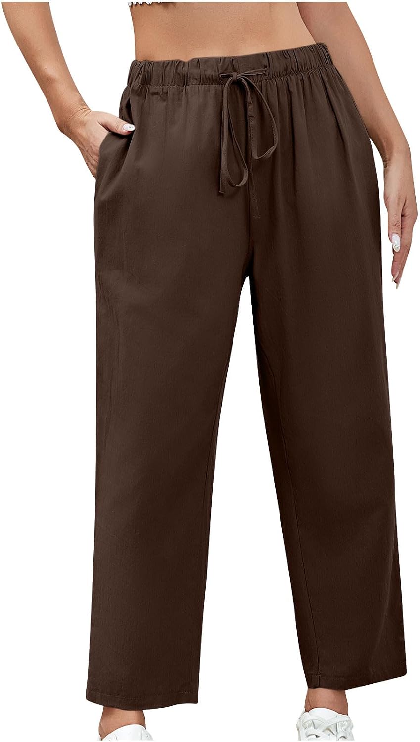 Womens Wide Leg Cotton Linen Pants Baggy Work Palazzo Lounge Trousers Casual Straight Leg Drawstring High Waist Pant