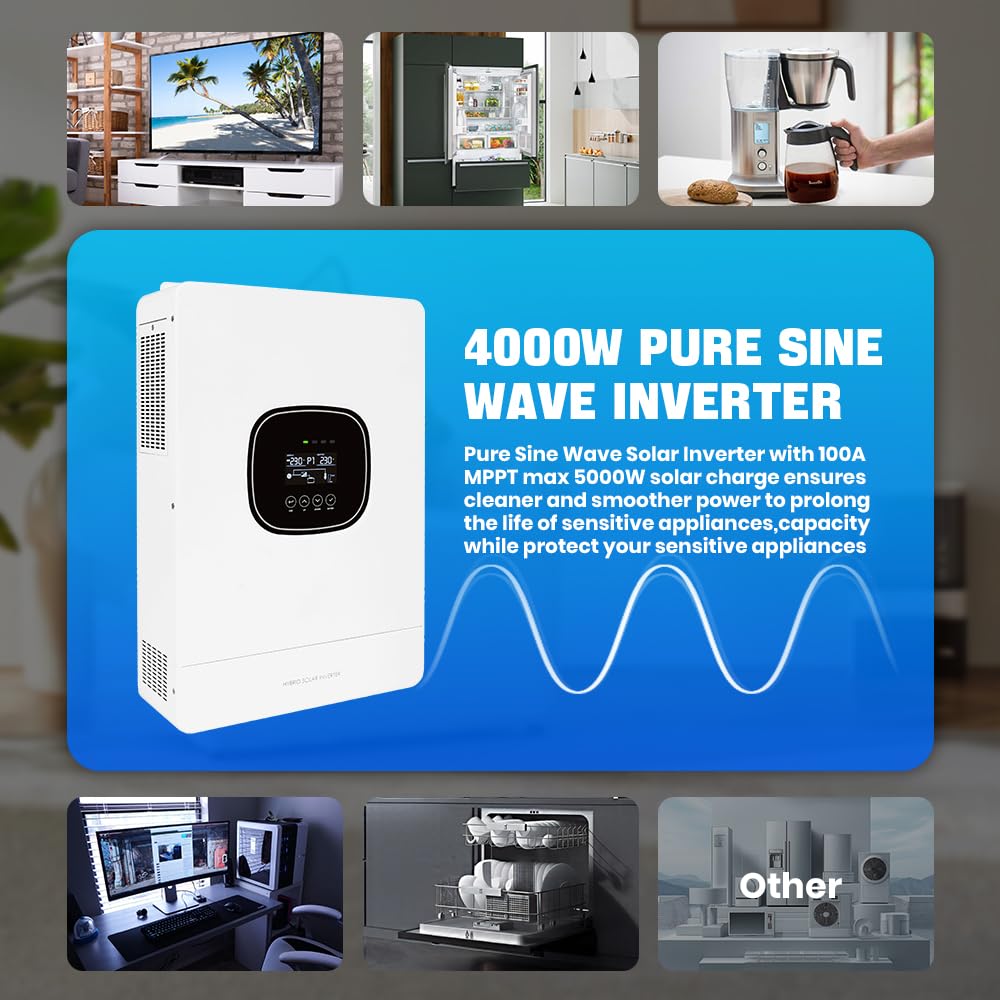 4000W Hybrid Solar Wechselrichter 24V auf 230V, Reine Sinuswelle mit 100A MPPT Laderegler, UPS Funktion, LCD Display, für Solaranlage & Haushaltsgeräte